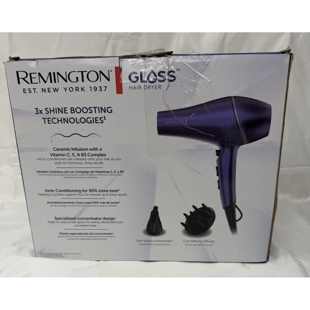 Remington Gloss Hair Dryer 1875W Purple Ceramic Ionic AC Motor 94433099